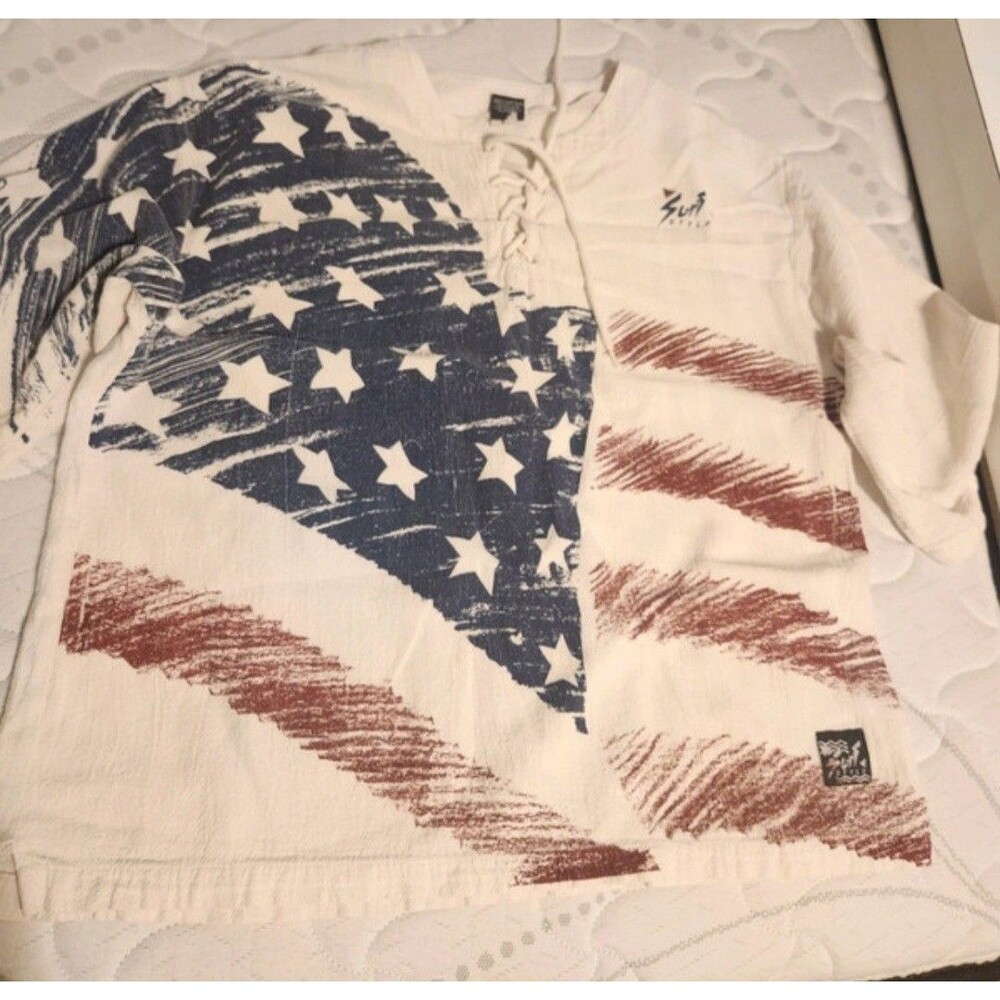 Women's Surf Style 100 % Cotton Lace Up V Neck American Flag Shirt